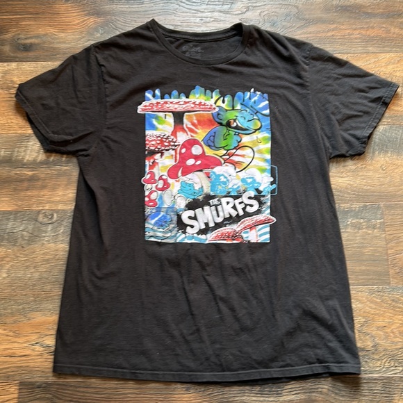 Psychedelic Smurf Mushrooms Tie Dye Black Tee Men’s Size Large - Picture 4 of 15